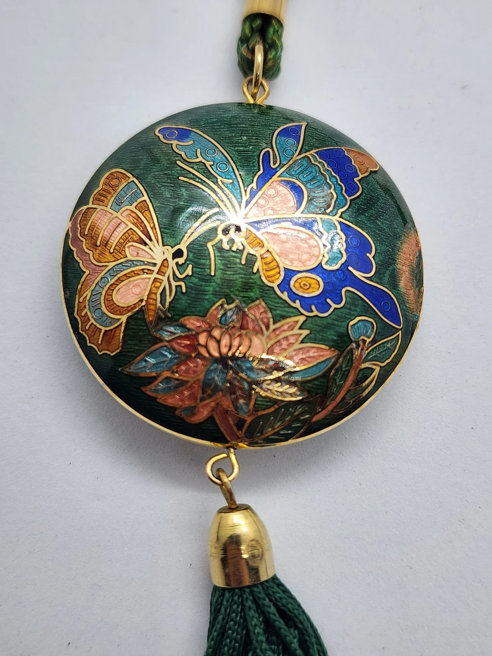 Vintage Asian Cloisonné Enamel Butterfly & Floral Tassel Pendant Necklace
